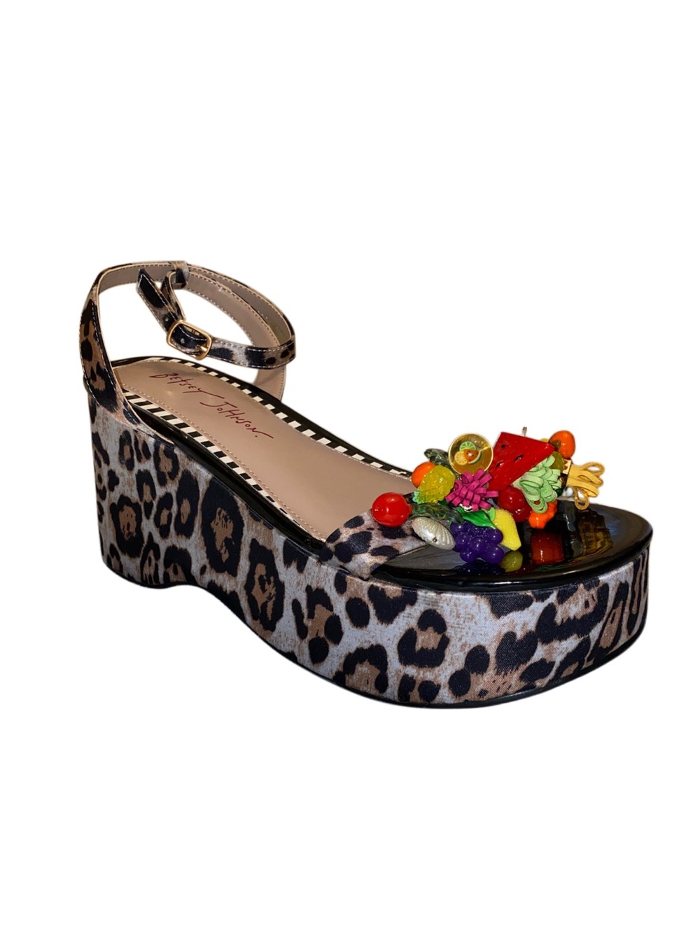 Betsey Johnson Leopard Print Fruit Clustered Platform Wedge Sandals